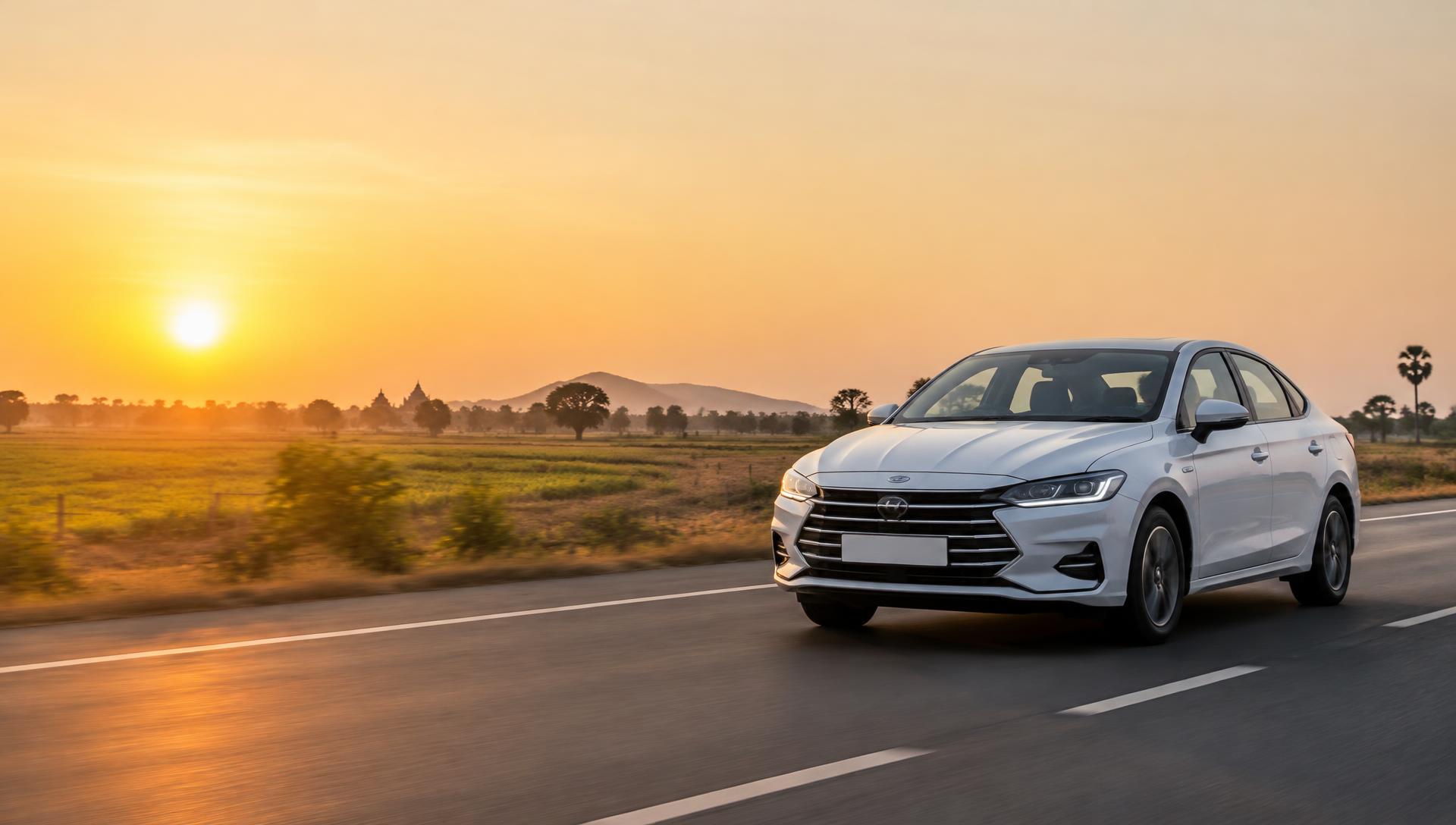 Car driving along a highway near Mehsana, Gujarat at sunset